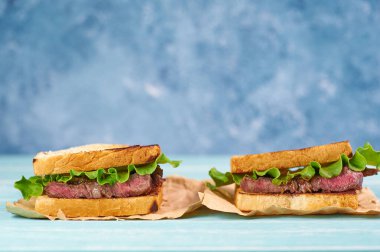 two sandwich katsu sando with beef steak. wagyu katsu. japanese cuisine traditional food. Trendy healthy fast food snack