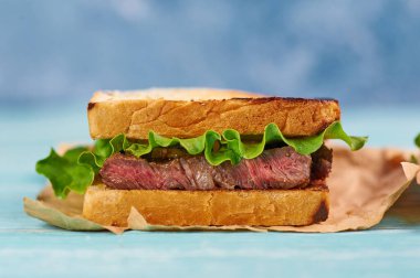 sandwich katsu sando with beef steak. wagyu katsu. japanese cuisine traditional food. Trendy healthy fast food snack