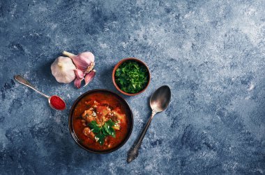 Kharcho soup - national Georgian cuisine dish with beef, rice, garlic and tkemali sauce. Traditional authentic Caucasian food. Copy space for text