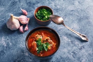 Kharcho soup - national Georgian cuisine dish with beef, rice, garlic and tkemali sauce. Traditional authentic Caucasian food. Copy space for text