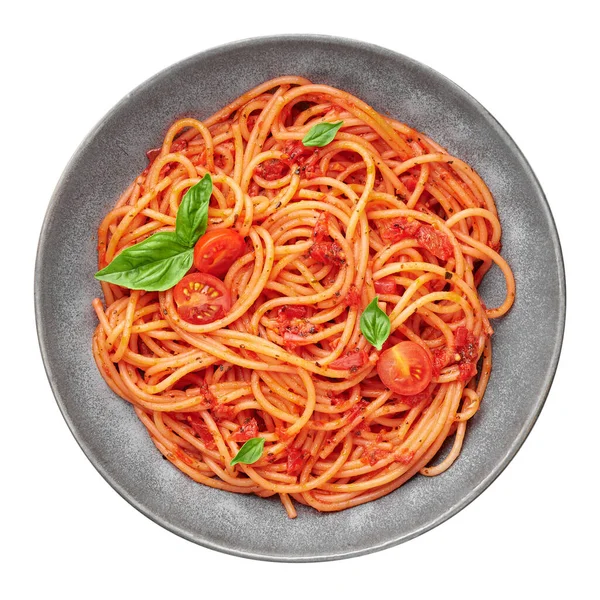 Tomatenspaghetti Grijze Kom Geïsoleerd Witte Achtergrond Tomatensaus Pasta Een Klassiek — Stockfoto