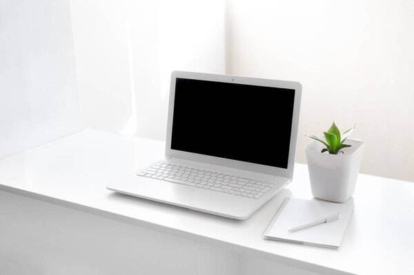 completely white modern workspace with laptop, notepad, plant and pen. minimal pure consept