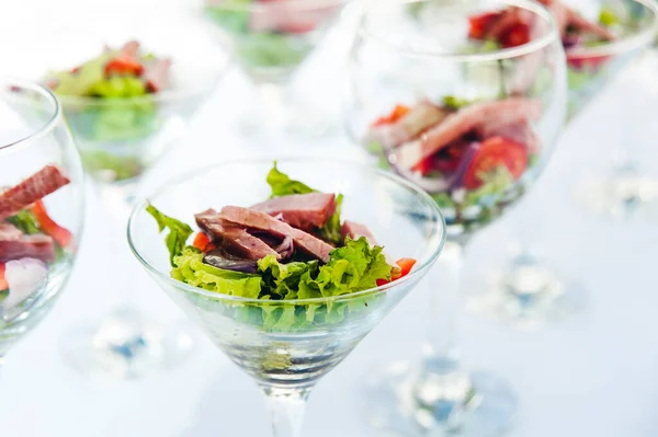 Wine Glasses Salad Meat Snack Reception Catering Snack —  Fotos de Stock