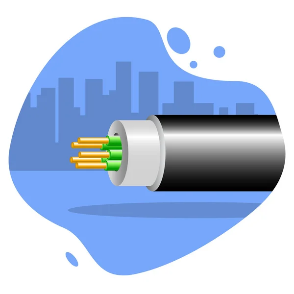 Icono de cable óptico en la silueta de fondo de la ciudad — Vector de stock
