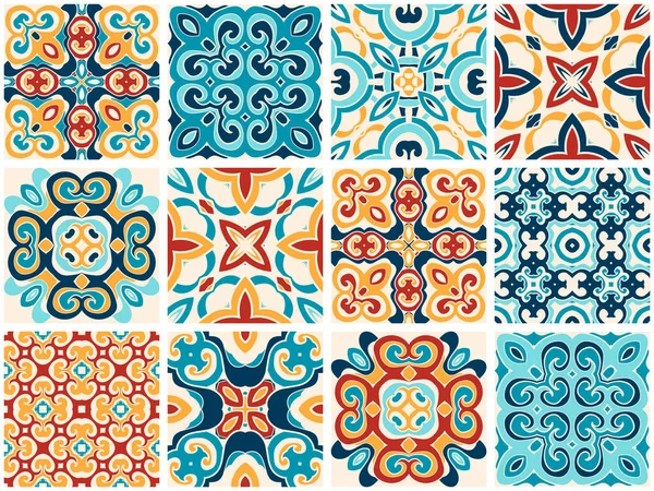 Geleneksel süslemeli Portekiz dekoratif renkli fayanslar azulejos. Soyut arkaplan. Vektör el çizimi, tipik Portekiz fayansları, seramik fayanslar. Kusursuz desen.