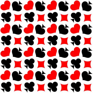 Kart takımlarıyla kusursuz desen. Beyaz arkaplanda kırmızı ve siyah vektör simgeleri. Elmaslar ve kalpler, maça ve sinekler.