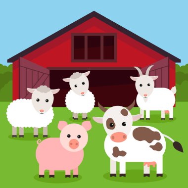 Çiftliğin yakınında otlayan çiftlik hayvanları: domuz, inek, keçi, koyun. Düz vektör illüstrasyonu.
