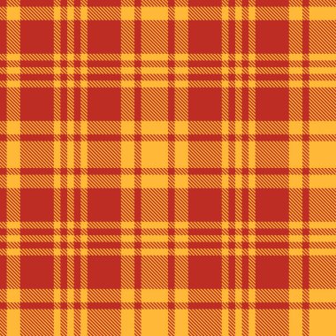 Kusursuz desenli ekose arka plan. Masa örtüleri veya gömlekler için vektör sarı ve kırmızı kumaş dokusu.