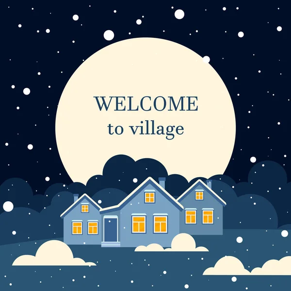 Welcome Village Cute Wooden Houses Winter Night Moon Vector Illustration — Stock Vector