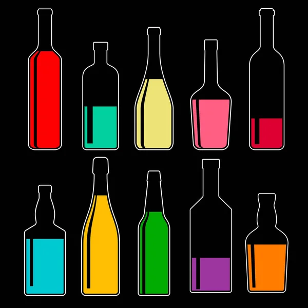 Uppsättning Transparenta Flaskor Med Alkoholhaltiga Drycker Mörk Bakgrund Vektor Färg — Stock vektor