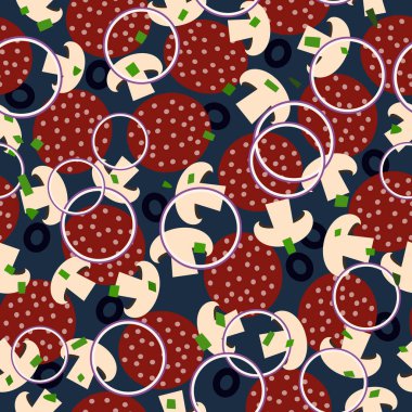 Salata ya da pizza malzemesi. Kusursuz desen, mantarlı vektör arkaplan ve sosis. yemek.