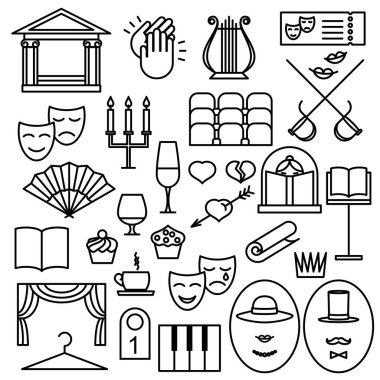 Drama tiyatrosu, beyaz arka planda doğrusal simgeler. Vektör çizimi. Tiyatro ve maskeler, büfe ve gardırop.