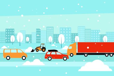 Kış caddesinde yolda arabalar, şehrin ufuk çizgisi. Şehrin karlı arka planı. Düz vektör illüstrasyonu.