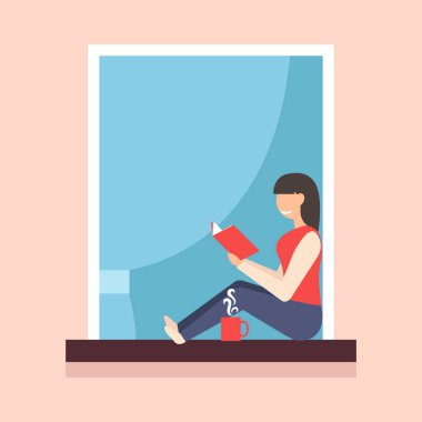 Pencerenin önünde kitap okuyan bir kız. Vektör düz çizim. Çizgi film karakteri.