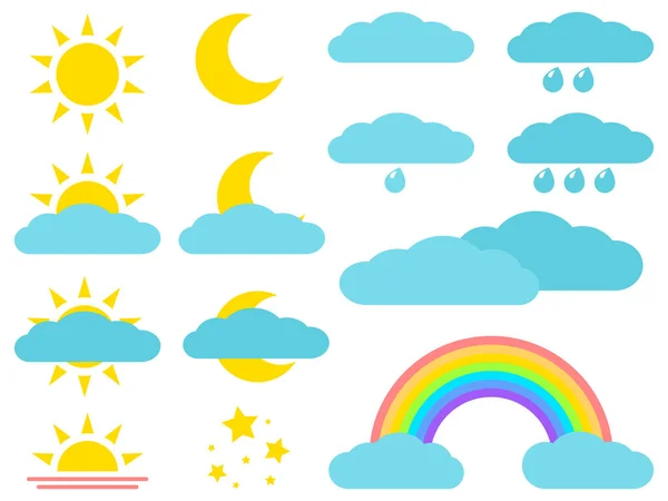 Wettersymbole Sonne Mond Wolken Regen Regenbogen Vektorfarbige Flache Illustration Set — Stockvektor