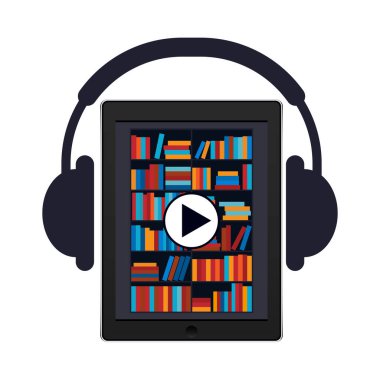 Audiobook, vektör çizimi. Elektronik kütüphane ve kulaklık şeklinde ekranda uygulaması olan tablet veya akıllı telefon.