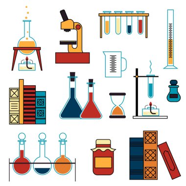 Kimya. Laboratuvar camları, reaksiyonlar, aletler ve ekipmanlar, doğrusal simgeler. vektör illüstrasyonu.