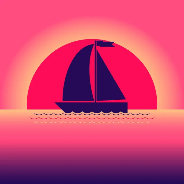Segelboot Boot Vor Dem Hintergrund Eines Purpurroten Sonnenuntergangs Meer Oder — Stockvektor