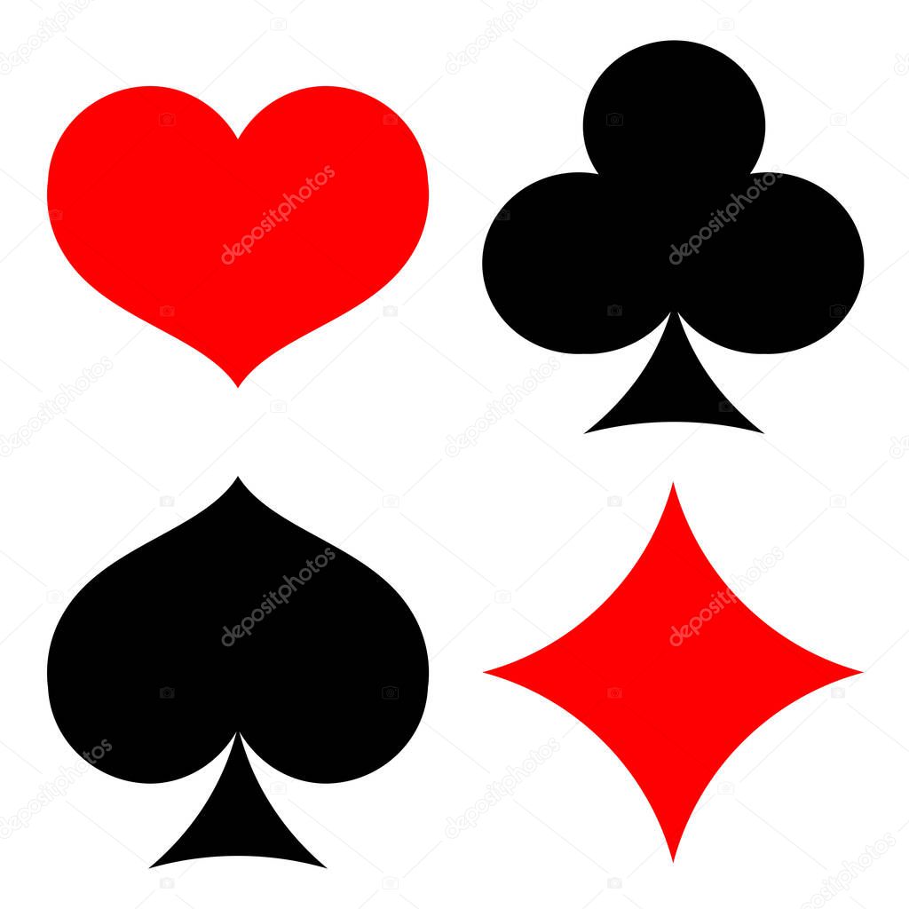 Card suits, red and black vector icons on white background. Diamonds and hearts, spades and clubs.