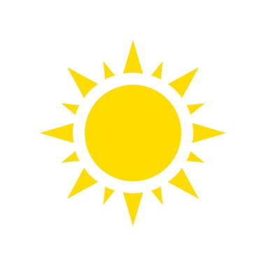 Güneş ikonu, vektör çizimi. Beyaz arka planda sarı siluet. Düz biçim.