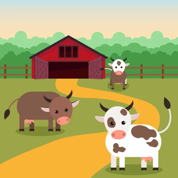 Las Vacas Pastan Cerca Granja Ilustración Plana Vector — Archivo Imágenes Vectoriales