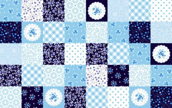 Patchwork Bezproblémový Vzor Ilustrace Vektorové Barvy Abstraktní Modré Pozadí Květinami — Stockový vektor