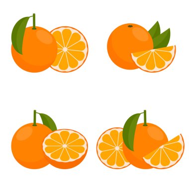 Icon Orange veya Mandarin. Yapraklı ve yapraksız, tam meyve ve yarım set. Düz bir şekilde vektör illüstrasyonu.