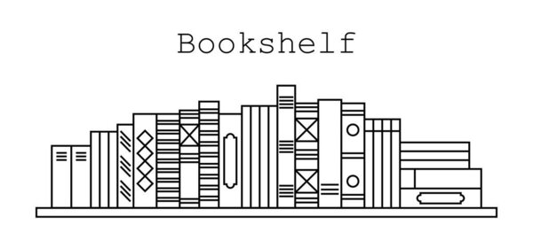 Иконка книжной полки. Черные линии на белом фоне. Векторная иллюстрация для раскраски книги. Книги, учебники
.