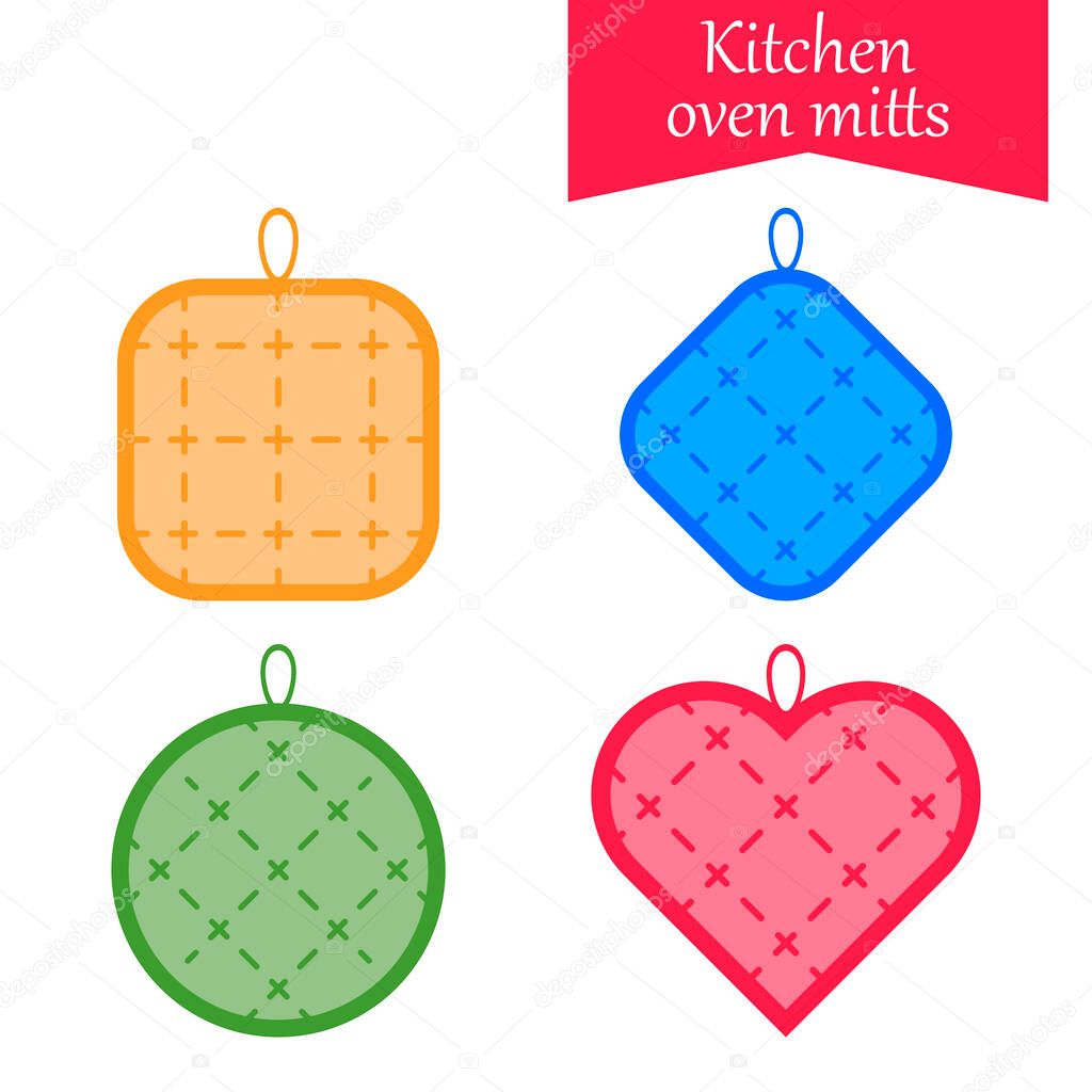 Kitchen oven mitts. set, collection potholders. Vector flat illustration. 