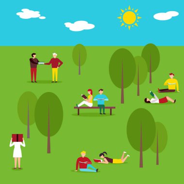 İnsanlar yaz parkında kitap okurlar, çimlerin üzerinde otururlar. Vektör düz resimleme.