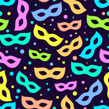 Maskeli ve konfetili şenliksiz bir şablon. Maskeli balo, karnaval. Vektör illüstrasyonu.