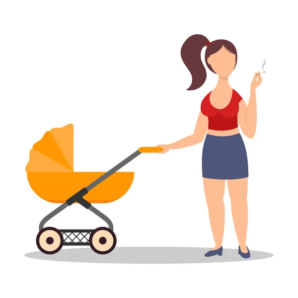 Rokende Moeder Vectorplatte Illustratie Jonge Vrouw Met Een Kinderwagen Een — Stockvector