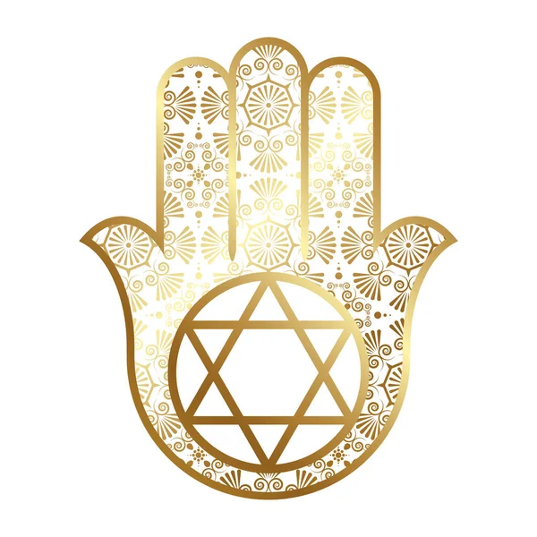 Hamsa 'yı Süleyman' ın mührü ile süsleyin. Altın Arap ve Musevi muskası. Vektör illüstrasyonu.