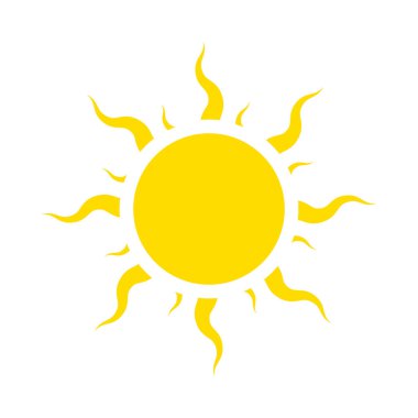Güneş ikonu, vektör çizimi. Beyaz arka planda sarı siluet. Düz stil. Güneş kıvrımlı. 