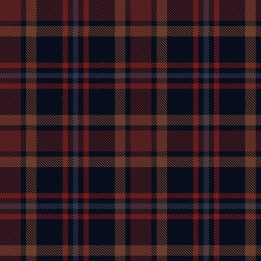 Siyah, kırmızı, mavi ve kahverengi çizgili kusursuz ekose desenli. Damalı kumaş dokusu izi. Vektör düz resimleme.