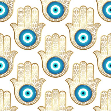 Gold 'la arka plan süslenmiş hamsa, nazara ve bozulmaya karşı gözlem. Vektörsüz desen.