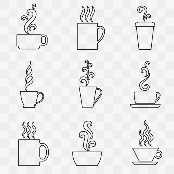 Cups Mugs Hot Drink Set Line Black Icons Transparent Background — Stock Vector