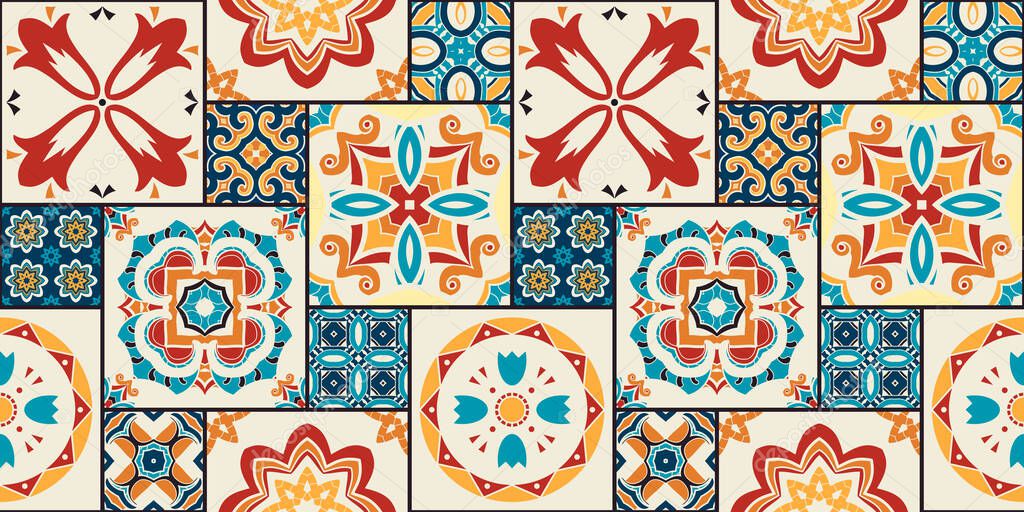 Traditional ornate portuguese decorative color tiles azulejos. Abstract background. Vector hand drawn illustration, typical portuguese tiles, Ceramic tiles. Seamless pattern.