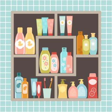 Tuvaletteki duvar dolabı fayans duvarına karşı. Kozmetik ürünleri olan raflar: şampuanlar, losyonlar, sıvı sabun ve diş macunu. Vektör düz resimleme. 