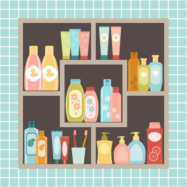 Wandkast Badkamer Tegen Muur Van Tegels Plank Met Cosmetica Shampoos — Stockvector