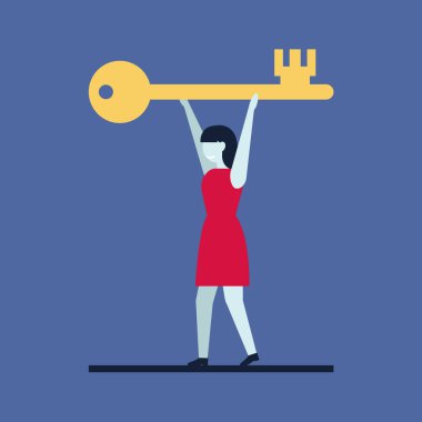 Kız kafasında büyük bir anahtar taşıyor. Vektör düz çizim. Sorun çözme, cevabı bulma..