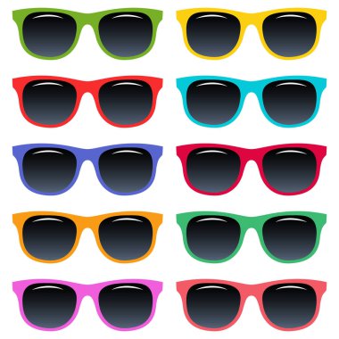 Plastik renkli güneş gözlüğü koleksiyonu, beyaz arkaplanda izole edilmiş vektör simgeleri. Göz kamaştırıcı bir aksesuar.