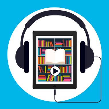Audiobook, vektör çizimi. Elektronik kütüphane ve kulaklık şeklinde ekranda uygulaması olan tablet veya akıllı telefon.