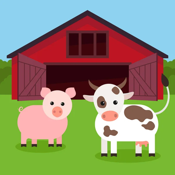 Pecuária Perto Fazenda Porco Vaca Ilustração Vetorial Plana — Vetor de Stock