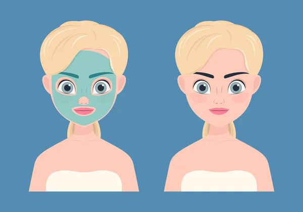 Junges Mädchen Mit Kosmetikmaske Für Das Gesicht Vektorillustration Hydratation Oder — Stockvektor