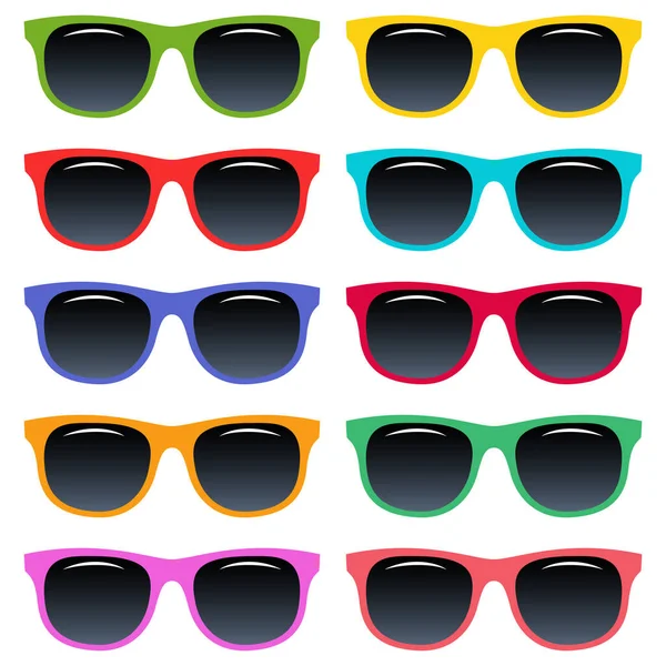 Collection Plastic Colored Sunglasses Vector Icons Isolated White Background Glamorous — Stock Vector