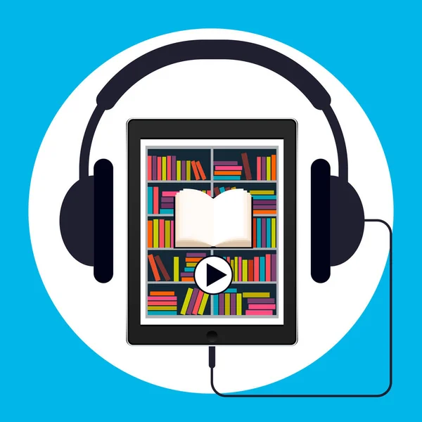 Audiobook, vektör çizimi. Elektronik kütüphane ve kulaklık şeklinde ekranda uygulaması olan tablet veya akıllı telefon.