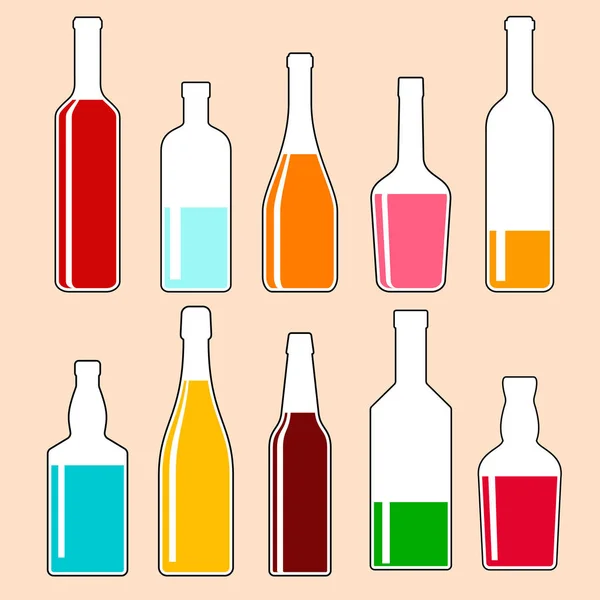 Set Transparent Bottles Alcoholic Drinks Vector Color Illustrations Collection Icons — Stock Vector