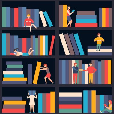 Kitaplık ve kitap okuyan insanlar. Kütüphane, eğitim. Kitap geçmişi. Vektör düz resimleme.