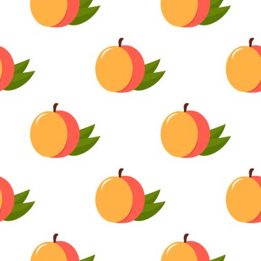 Beyaz arka planda yaprakları olan şeftali, pürüzsüz desen, arka plan, doku, fon. vektör illüstrasyonu.